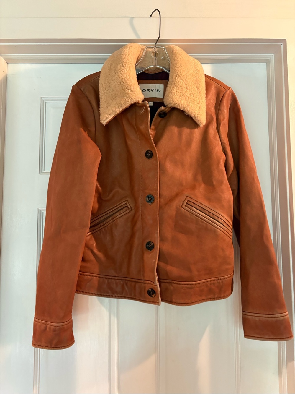 Orvis Rust Brown Leather Jacket with Cream Sherpa Collar